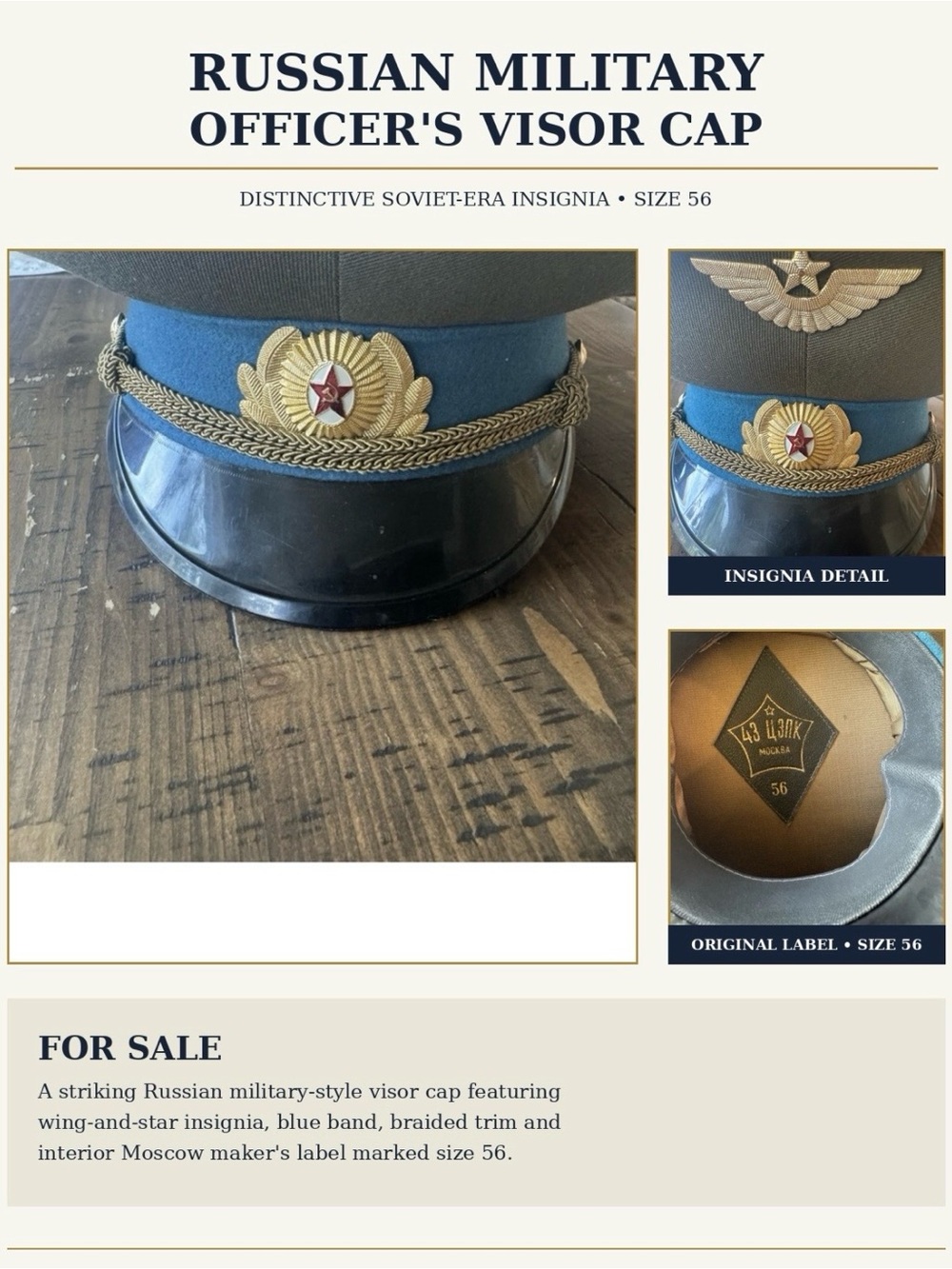 Soviet-Style Officer Visor Cap in Blue with Gold Trim